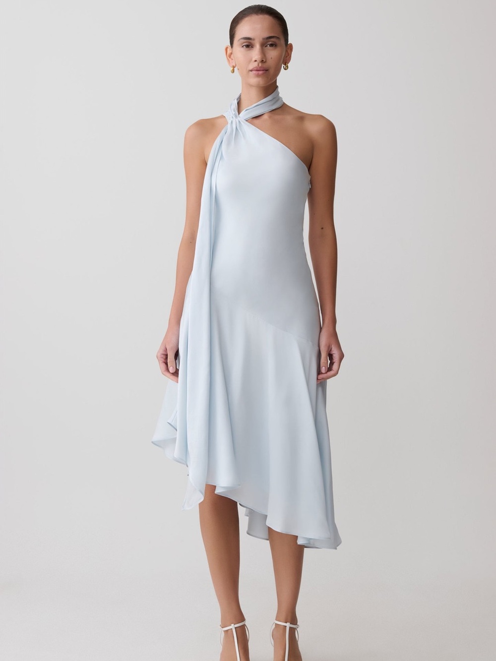 NWT Meshki Evelina Halter Asymmetric Hem Midi Dress Ice Blue Light Blue XS
